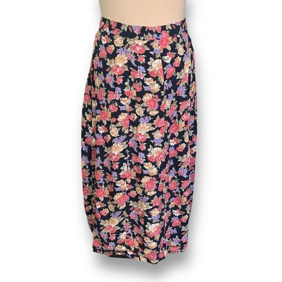 Vintage 90s Maxi Skirt Dark Floral Black Pink Cottagecore Button Down XL - Picture 5 of 9